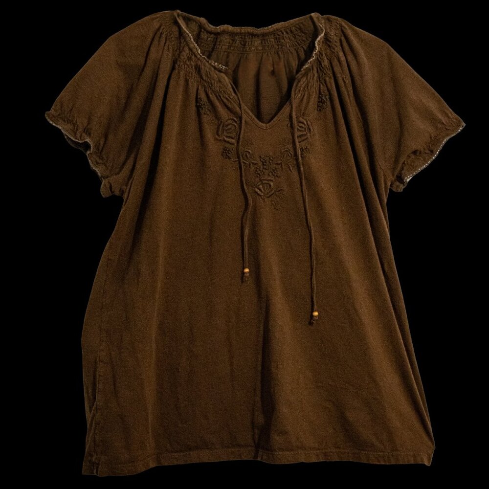 Charter Club Vintage Brown Embroidered Top 100% Cotton Size XL